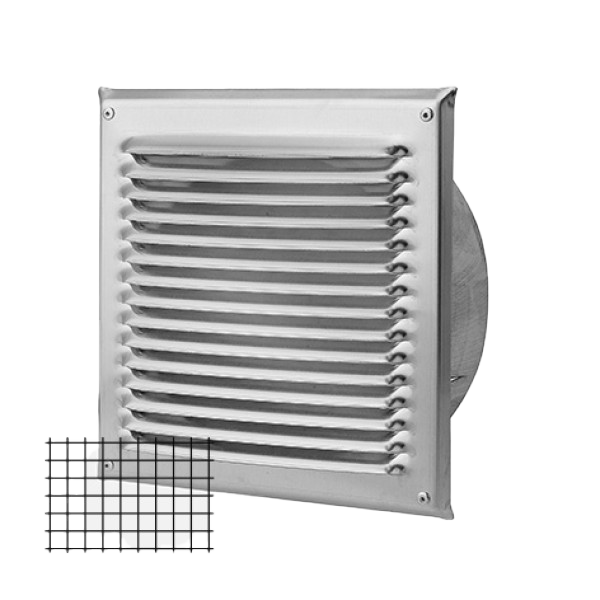 Wetterschutzgitter quadratisch mit Fliegengitter und Stutzen in Inox V4A