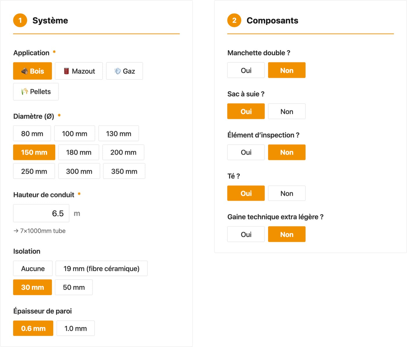 Configurateur: questions sur le système et les composants