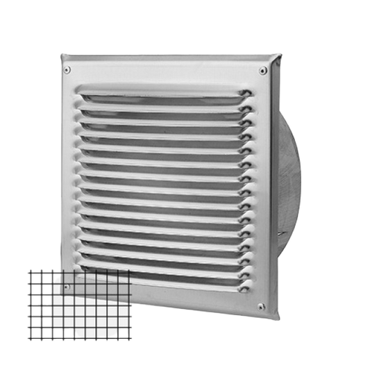 Wetterschutzgitter quadratisch mit Fliegengitter und Stutzen in Inox V4A