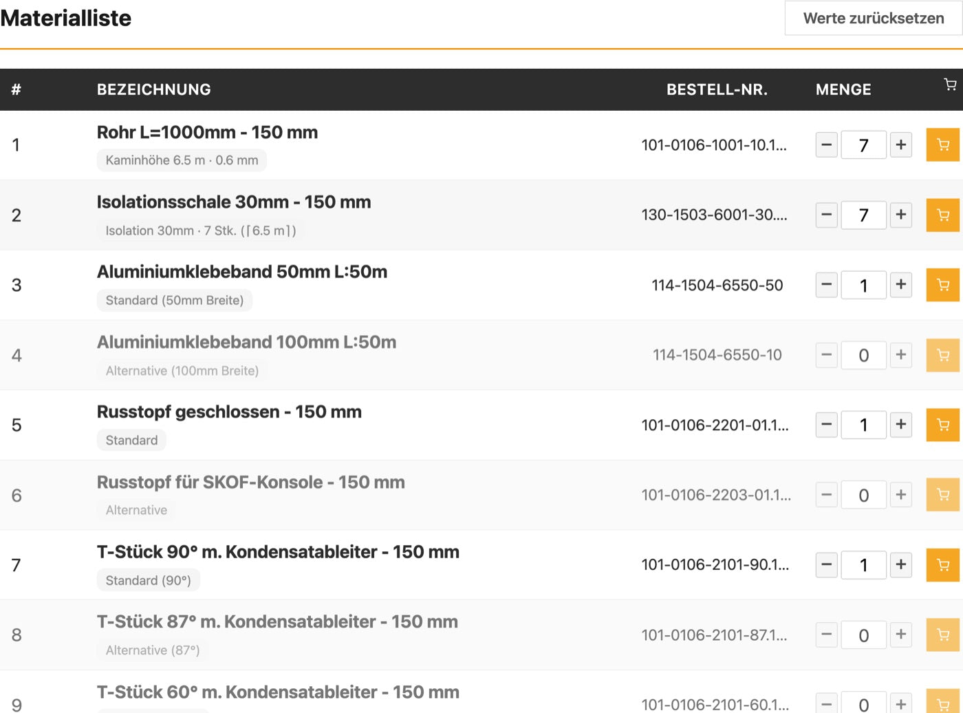 Konfigurator: Materialliste mit Bestellnummern und Mengen
